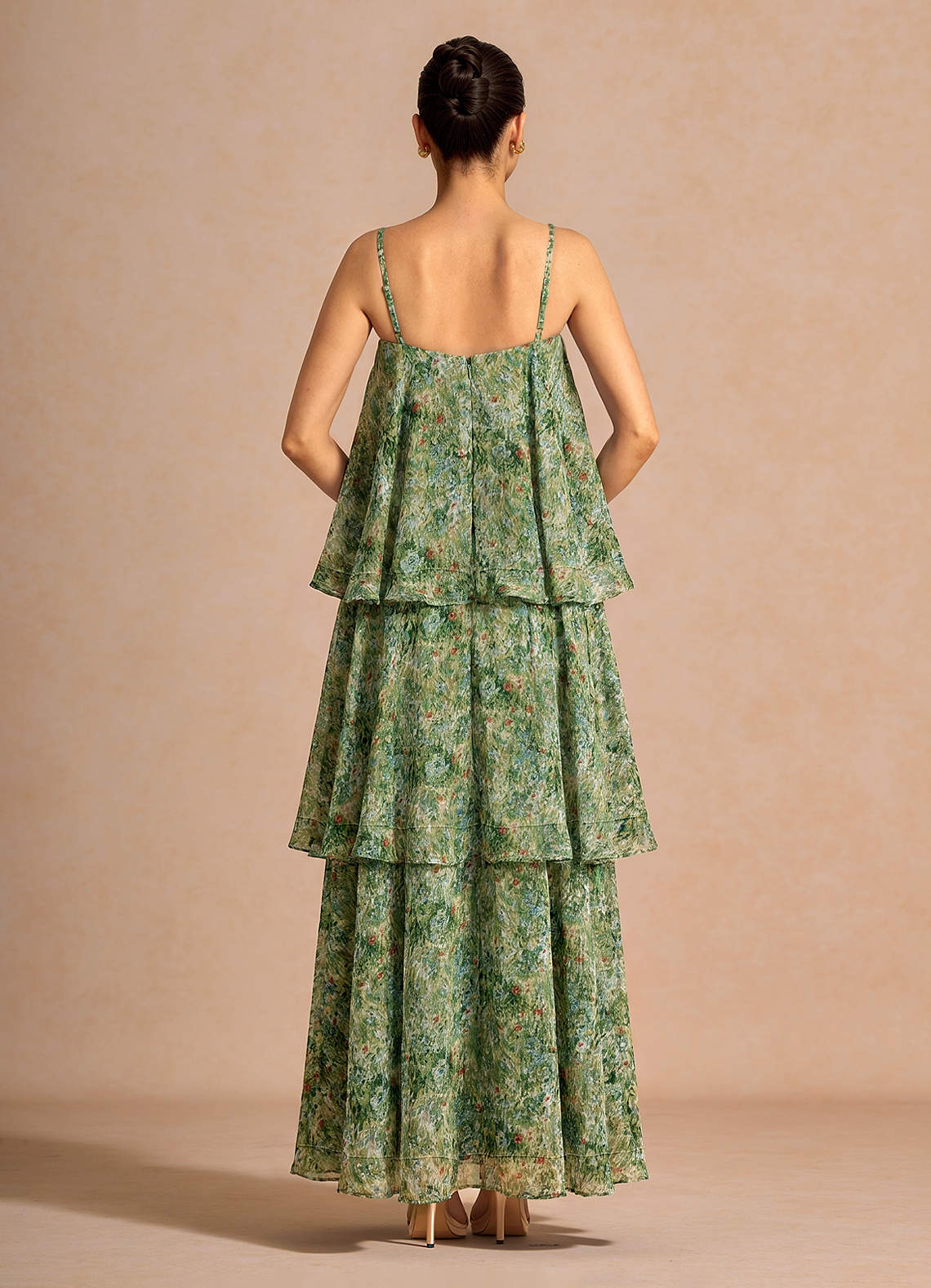Itasca A-Line Tiered Printed Chiffon Evening Dress in Green Floral