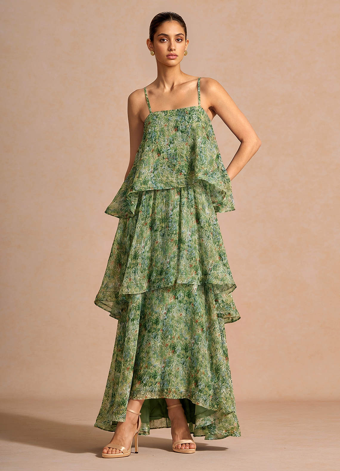 Itasca A-Line Tiered Printed Chiffon Evening Dress in Green Floral