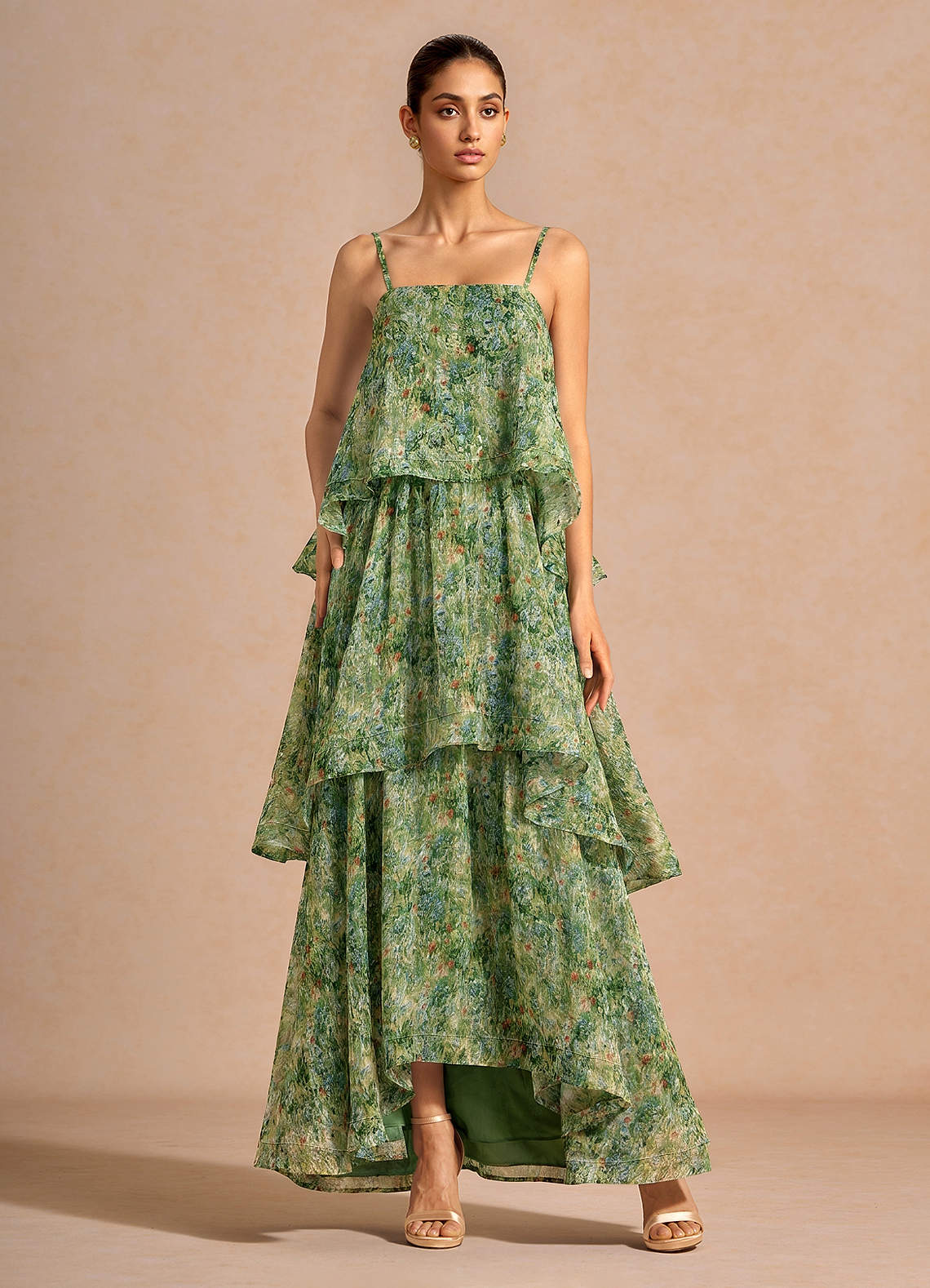 Itasca A-Line Tiered Printed Chiffon Evening Dress in Green Floral