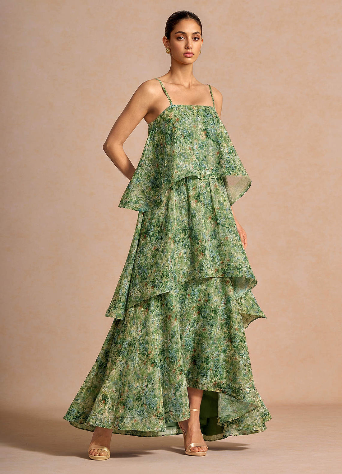 Itasca A-Line Tiered Printed Chiffon Evening Dress in Green Floral