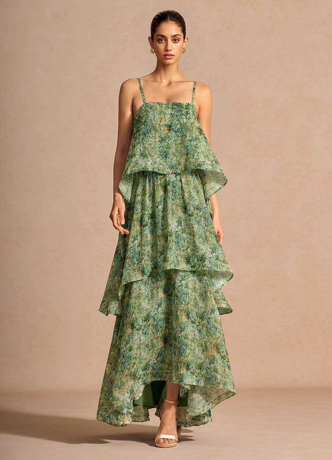 Itasca A-Line Tiered Printed Chiffon Evening Dress in Green Floral