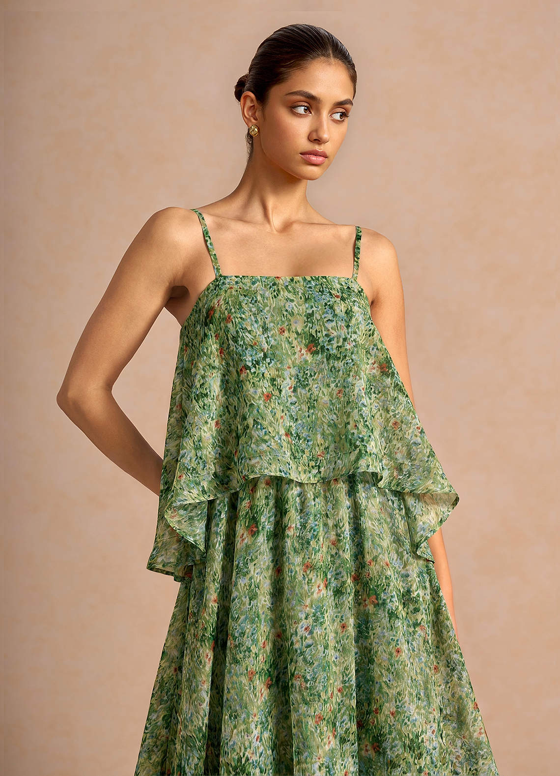 Itasca A-Line Tiered Printed Chiffon Evening Dress in Green Floral