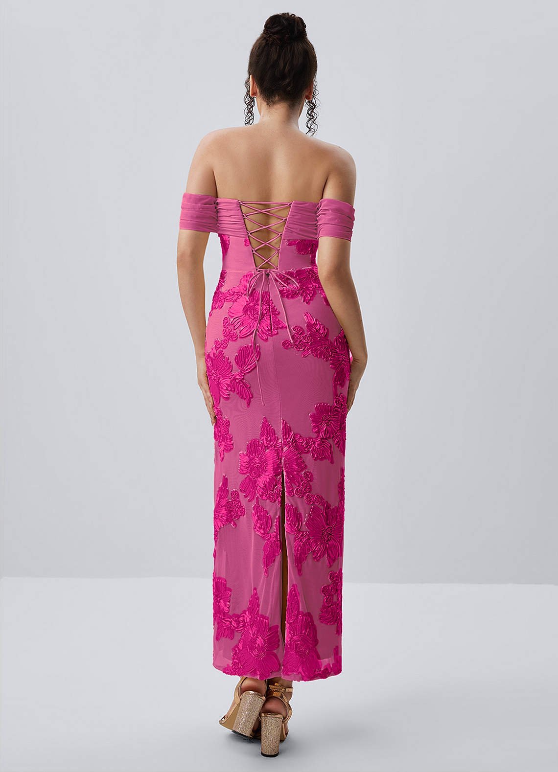 Berenice Sheath Off-the-Shoulder 3D Floral Lace Prom Dress in Fuchsia