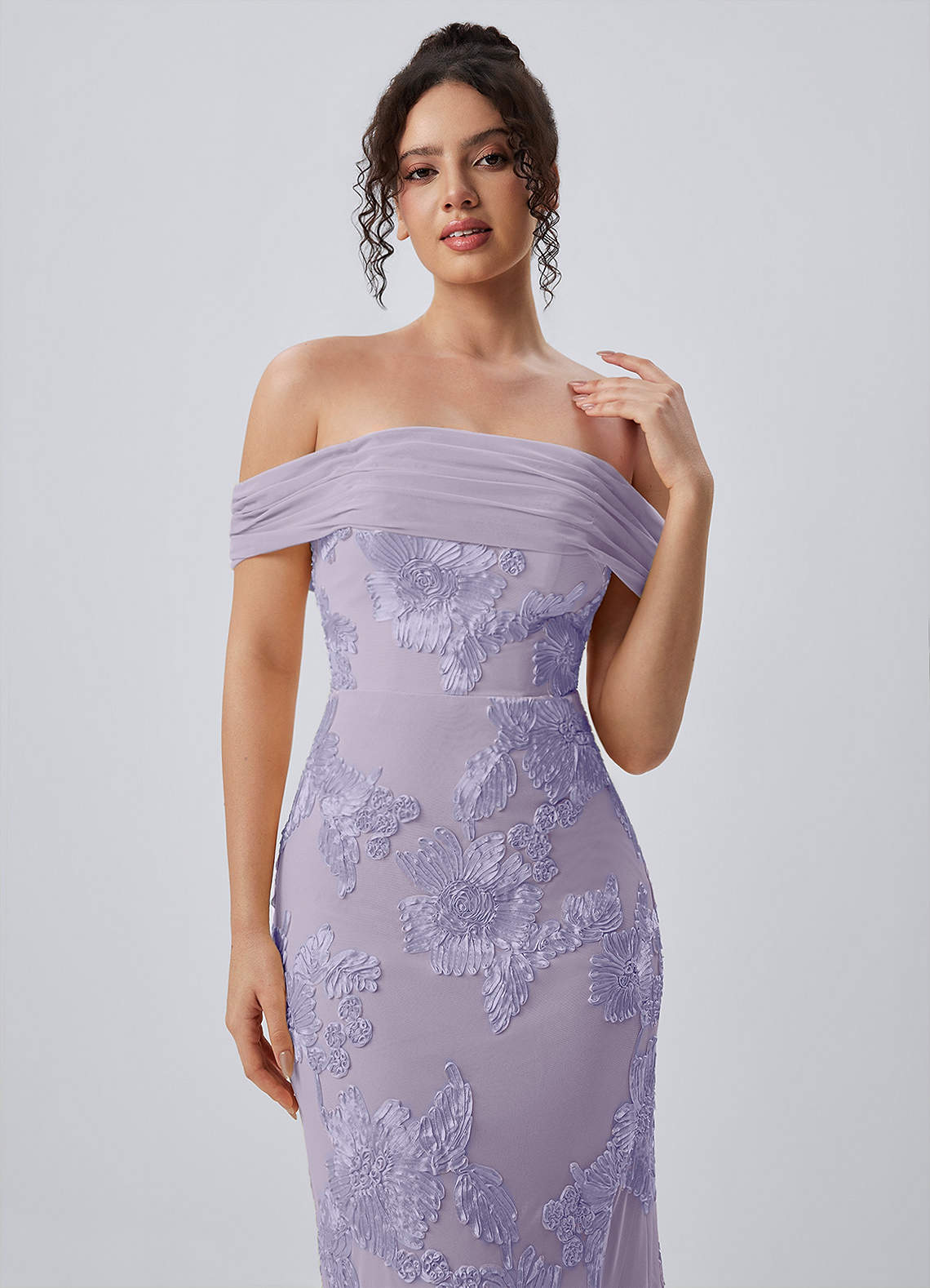 Berenice Sheath Off-the-Shoulder 3D Floral Lace Prom Dress in Pale Purple