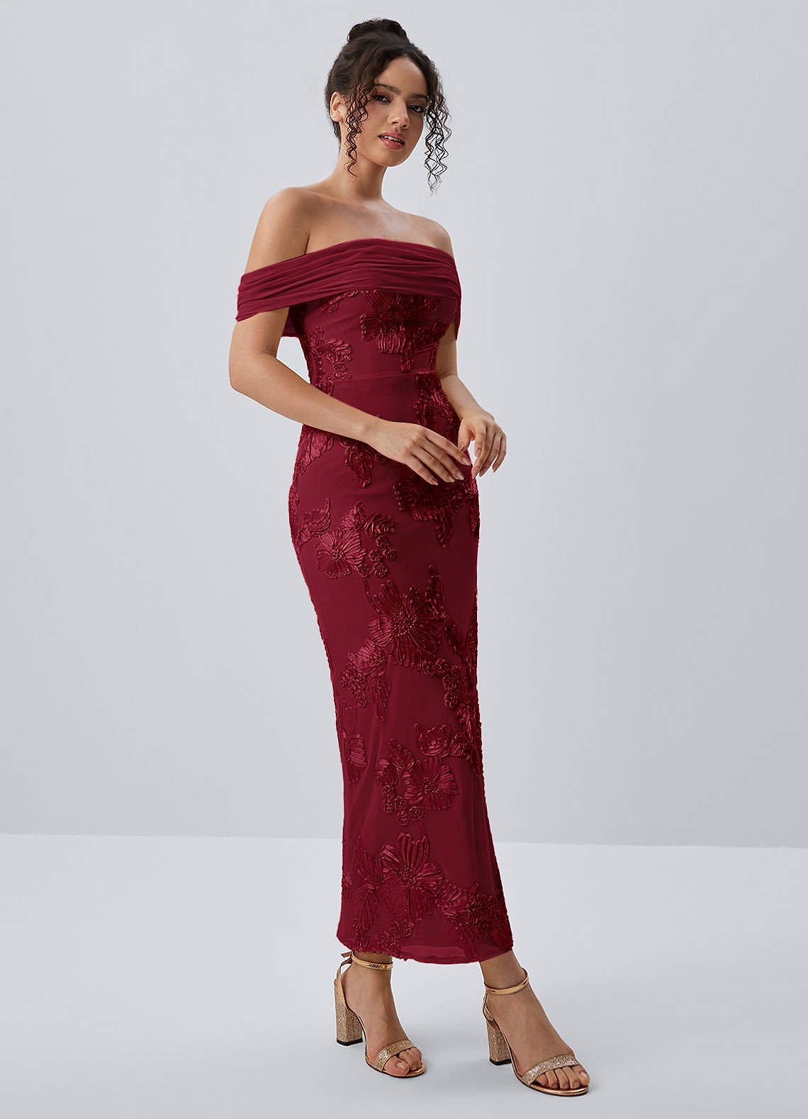Berenice Sheath Off-the-Shoulder 3D Floral Lace Prom Dress in Burgundy