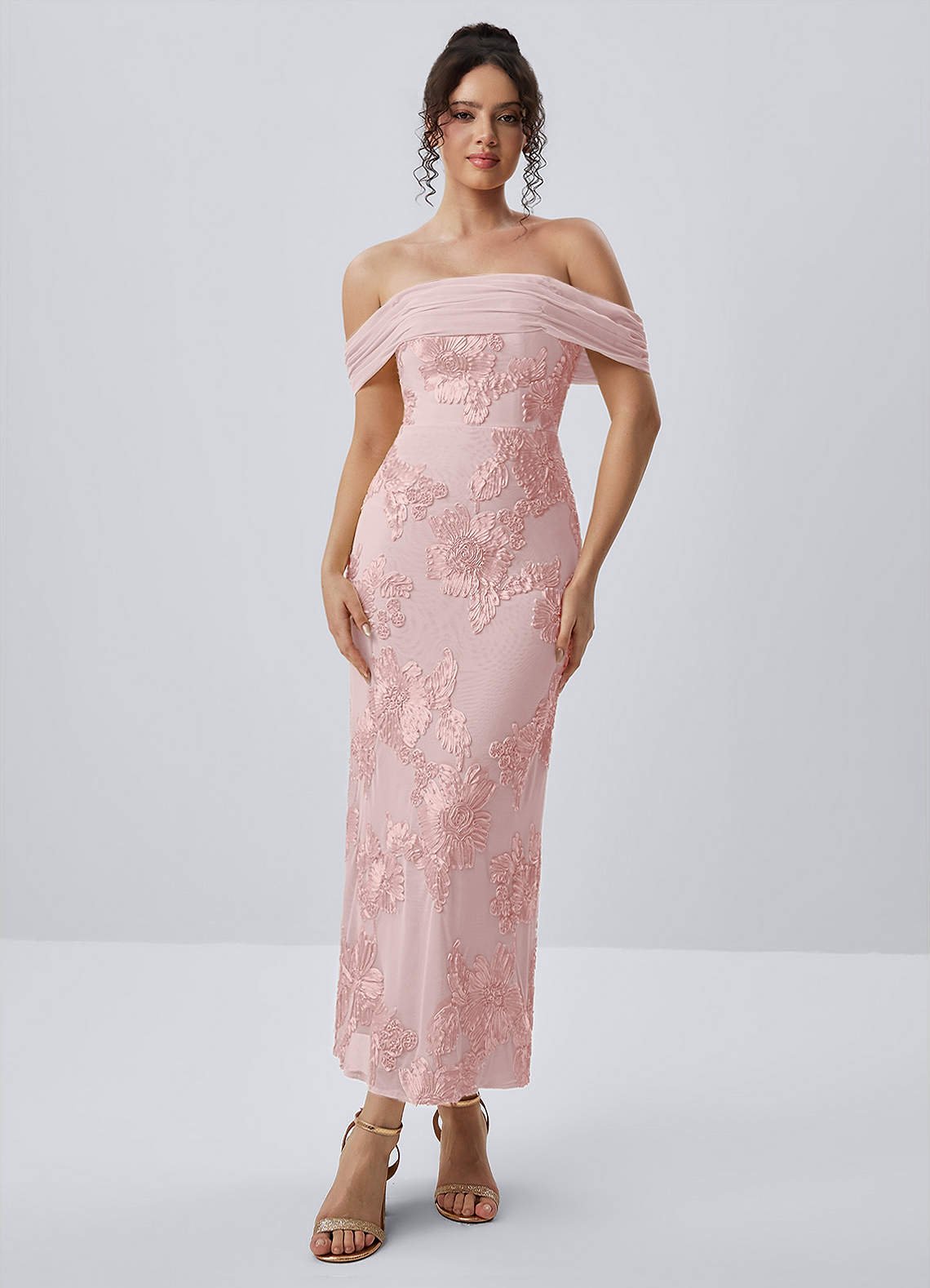 Berenice Sheath Off-the-Shoulder 3D Floral Lace Prom Dress in Pink