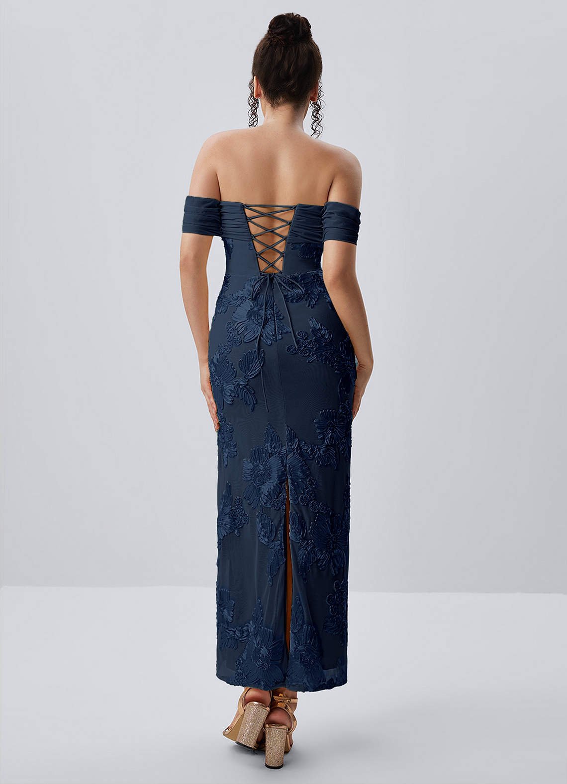Berenice Sheath Off-the-Shoulder 3D Floral Lace Prom Dress in Navy Blue