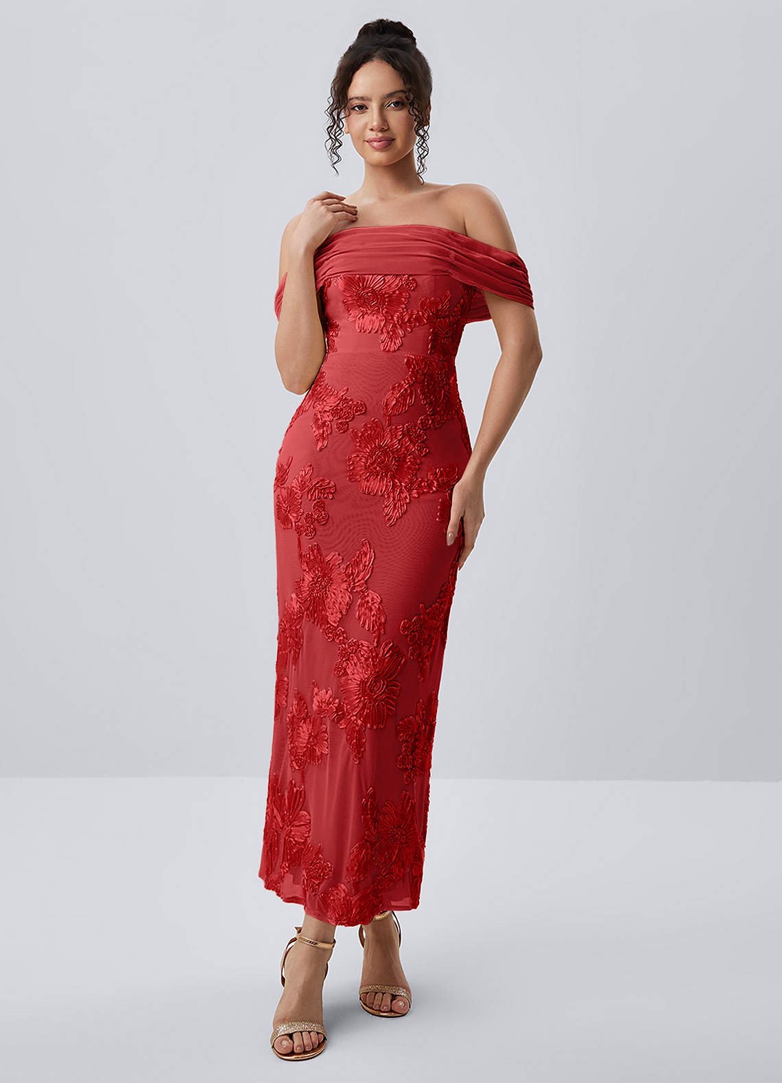 Berenice Sheath Off-the-Shoulder 3D Floral Lace Prom Dress in Red