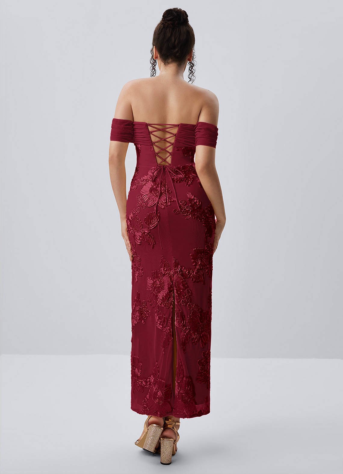 Berenice Sheath Off-the-Shoulder 3D Floral Lace Prom Dress in Burgundy