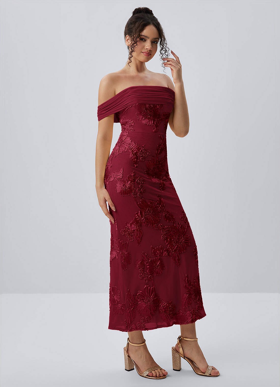 Berenice Sheath Off-the-Shoulder 3D Floral Lace Prom Dress in Burgundy