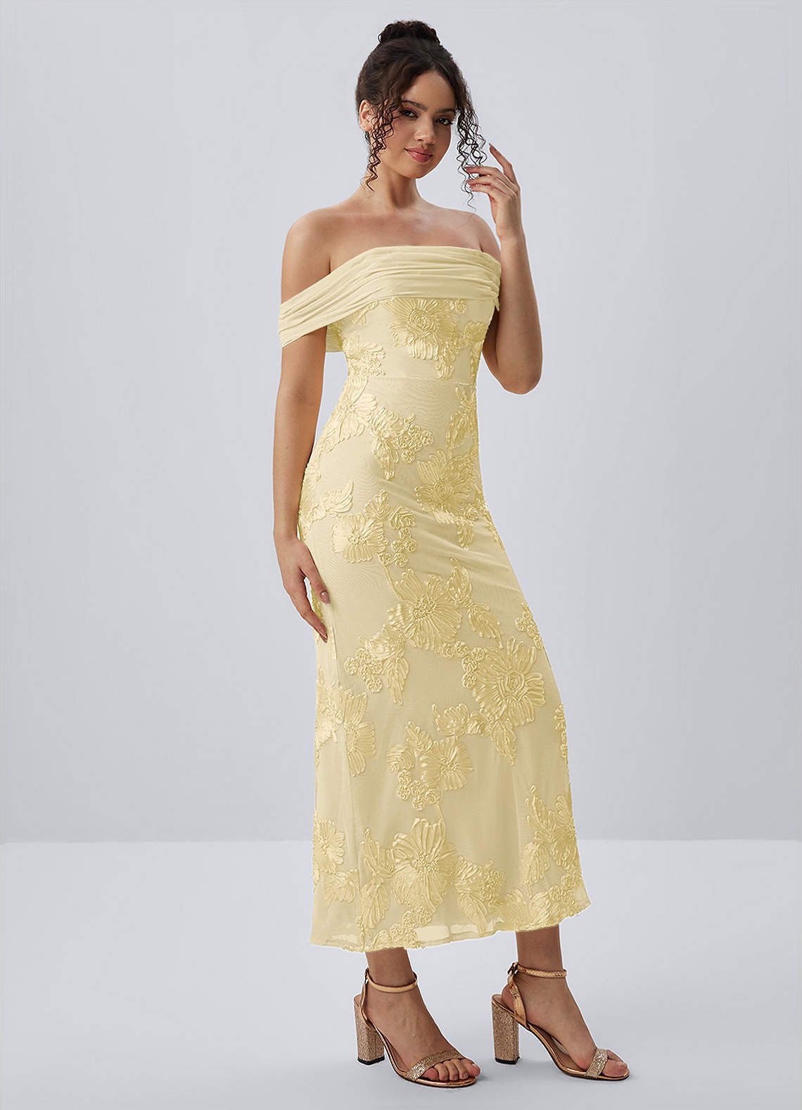 Berenice Sheath Off-the-Shoulder 3D Floral Lace Prom Dress in Lemon Sorbet