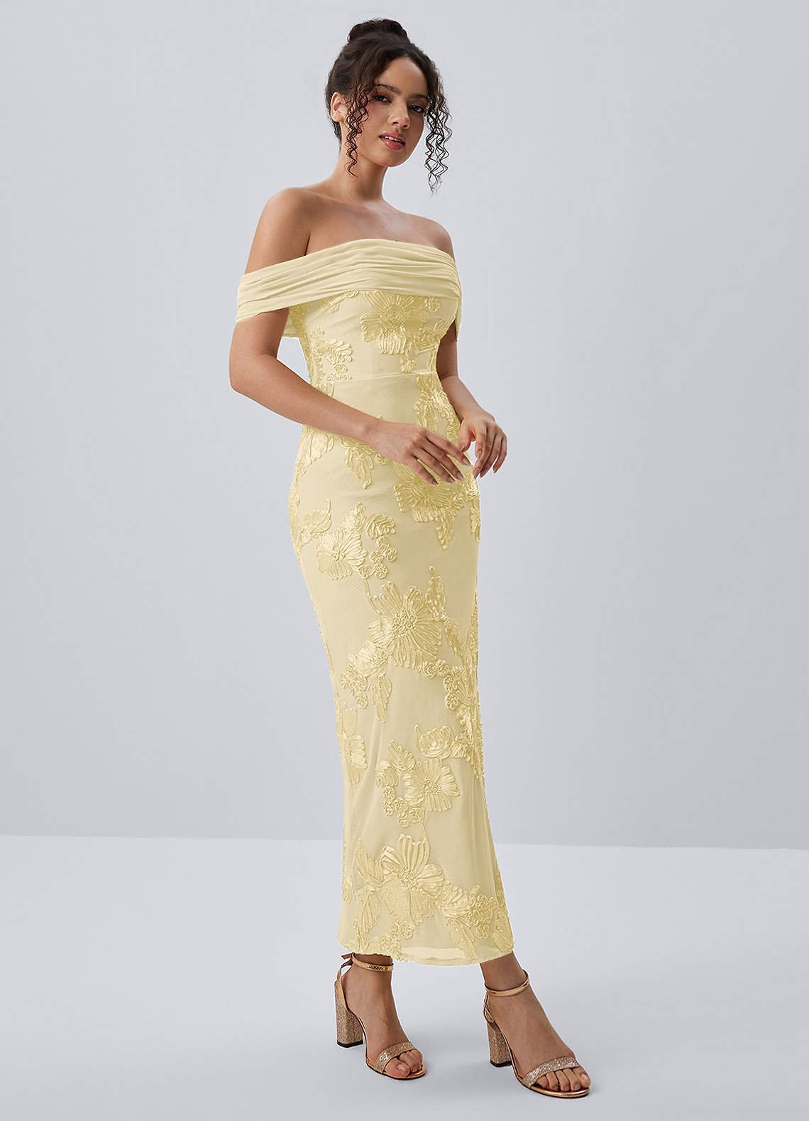 Berenice Sheath Off-the-Shoulder 3D Floral Lace Prom Dress in Lemon Sorbet