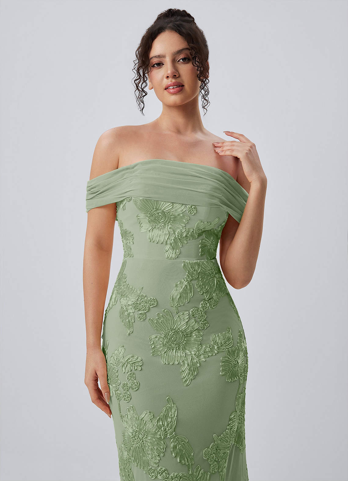 Berenice Sheath Off-the-Shoulder 3D Floral Lace Prom Dress in Sage