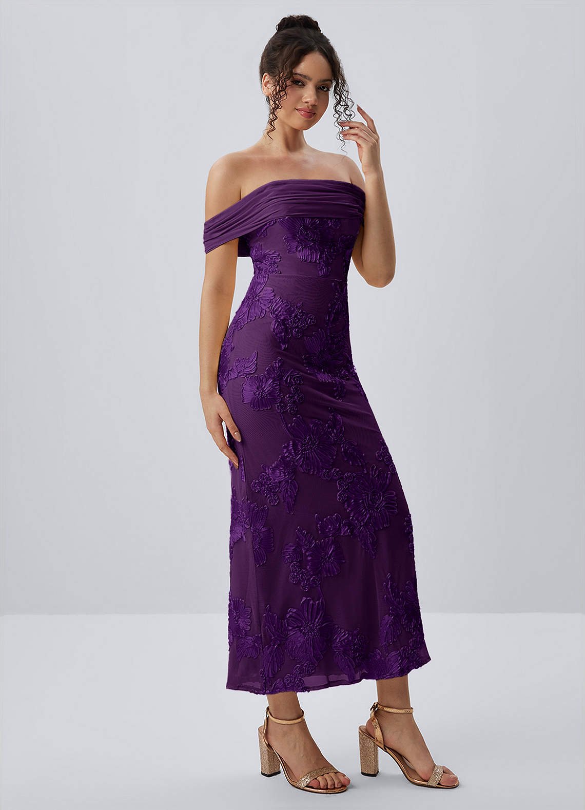 Berenice Sheath Off-the-Shoulder 3D Floral Lace Prom Dress in Plum