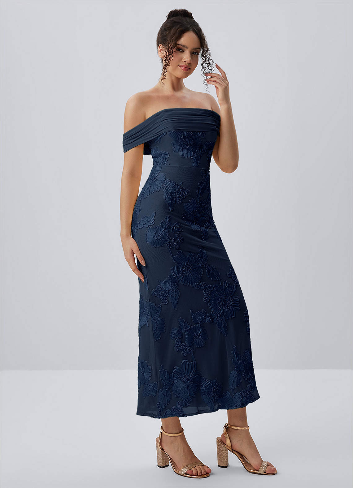 Berenice Sheath Off-the-Shoulder 3D Floral Lace Prom Dress in Navy Blue