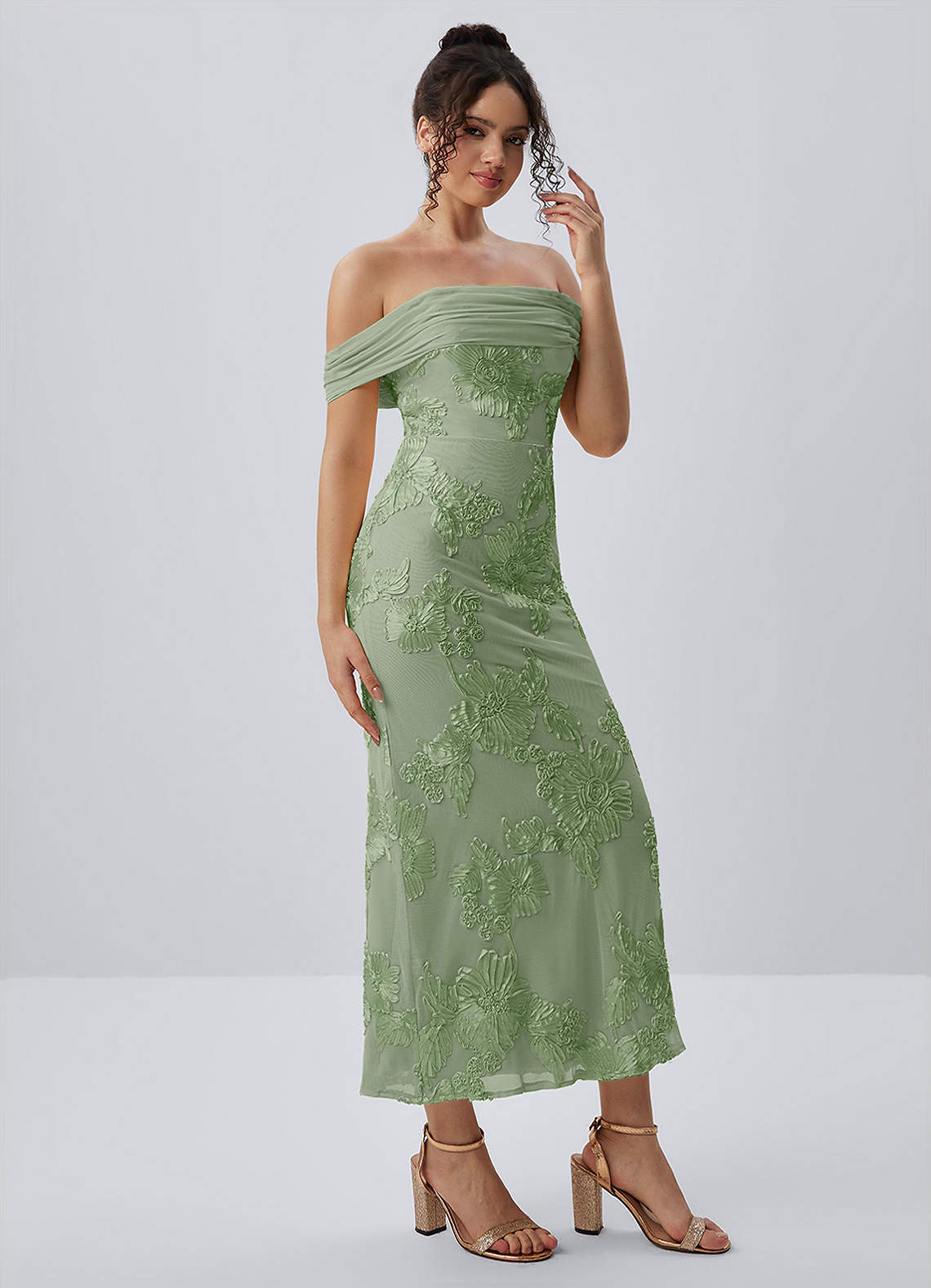 Berenice Sheath Off-the-Shoulder 3D Floral Lace Prom Dress in Sage