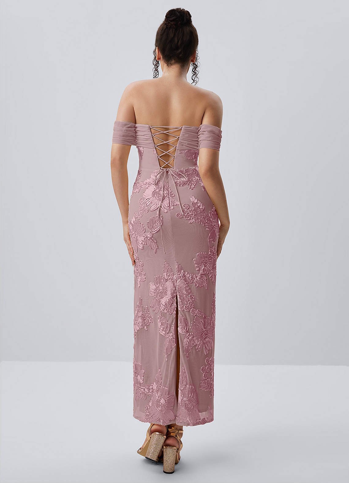 Berenice Sheath Off-the-Shoulder 3D Floral Lace Prom Dress in Dusty Lilac