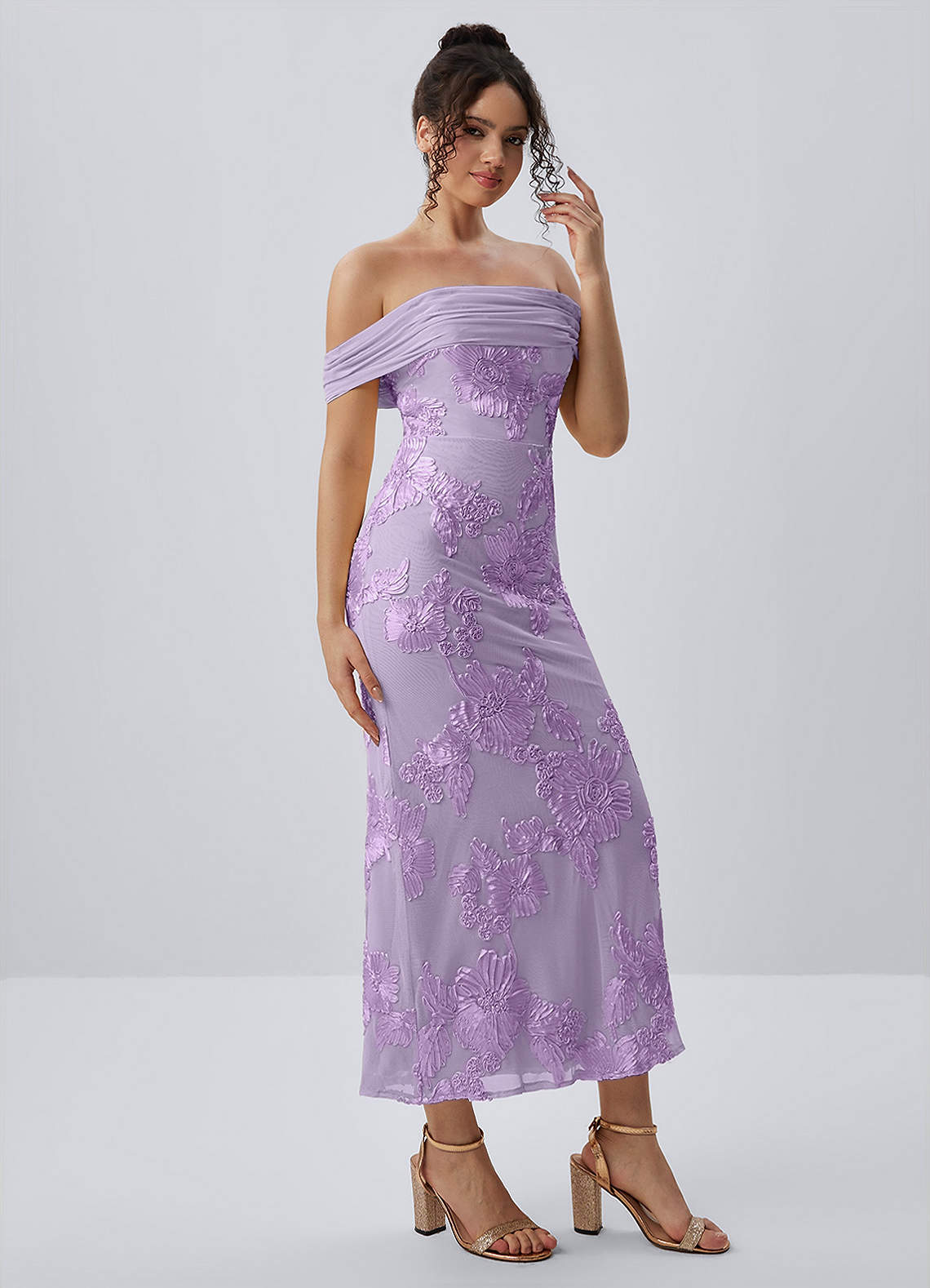 Berenice Sheath Off-the-Shoulder 3D Floral Lace Prom Dress in Wisteria