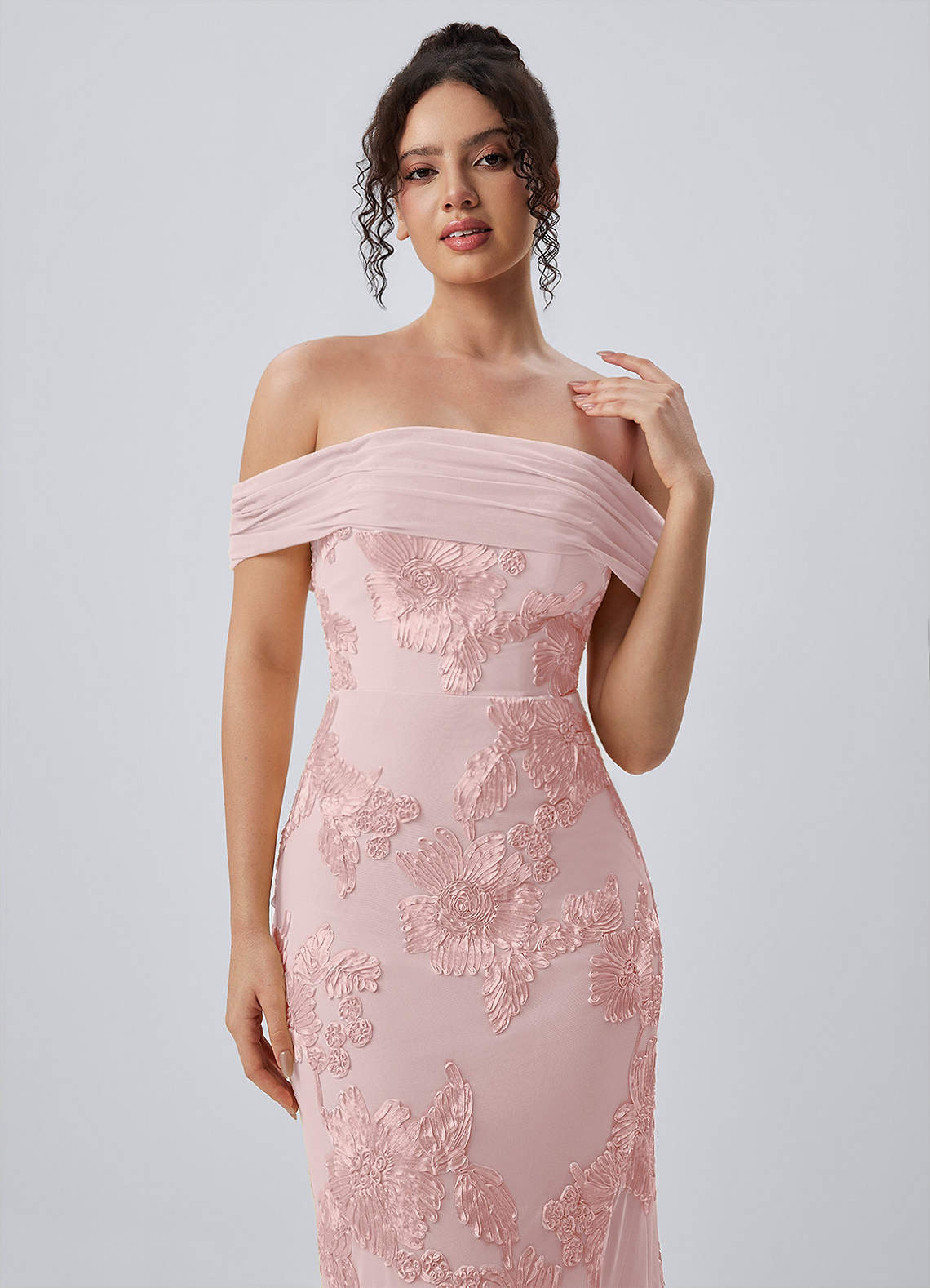 Berenice Sheath Off-the-Shoulder 3D Floral Lace Prom Dress in Pink