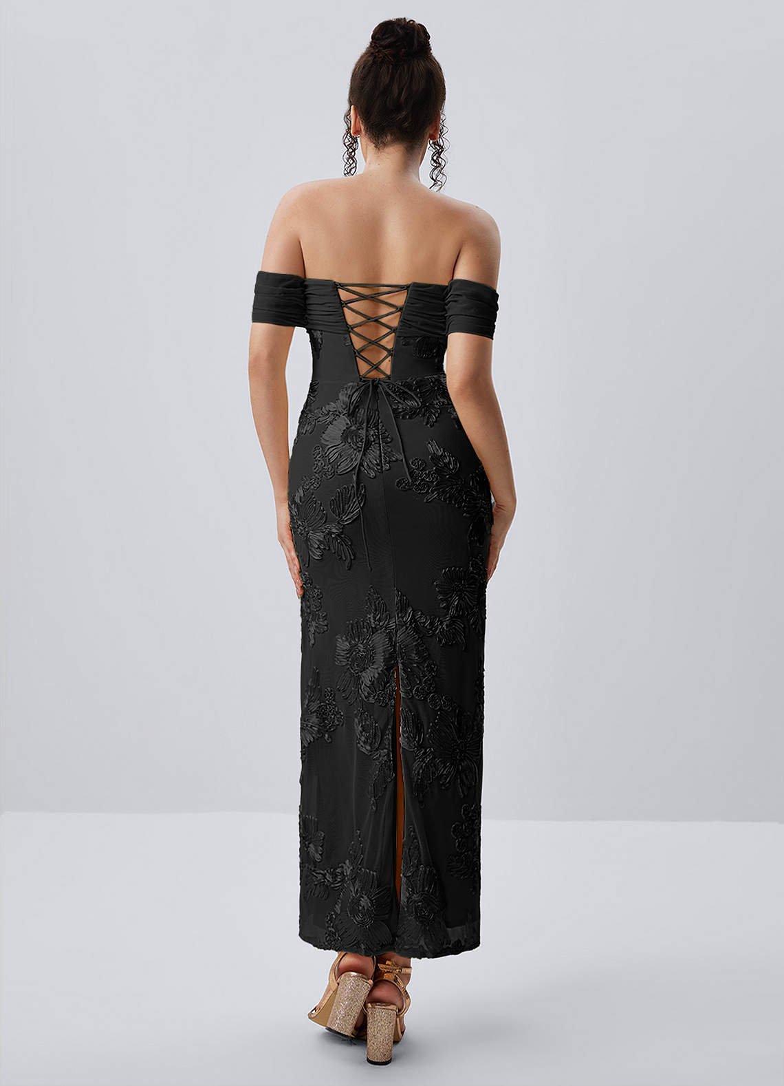 Berenice Sheath Off-the-Shoulder 3D Floral Lace Prom Dress in black