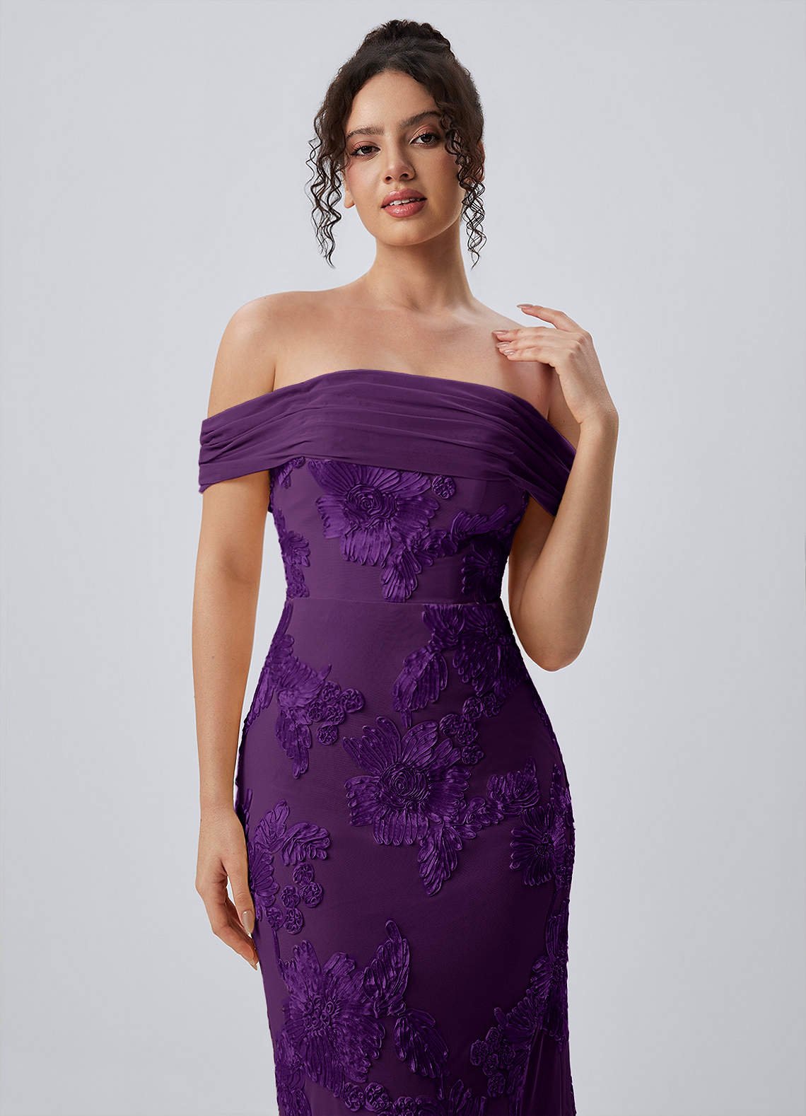 Berenice Sheath Off-the-Shoulder 3D Floral Lace Prom Dress in Plum