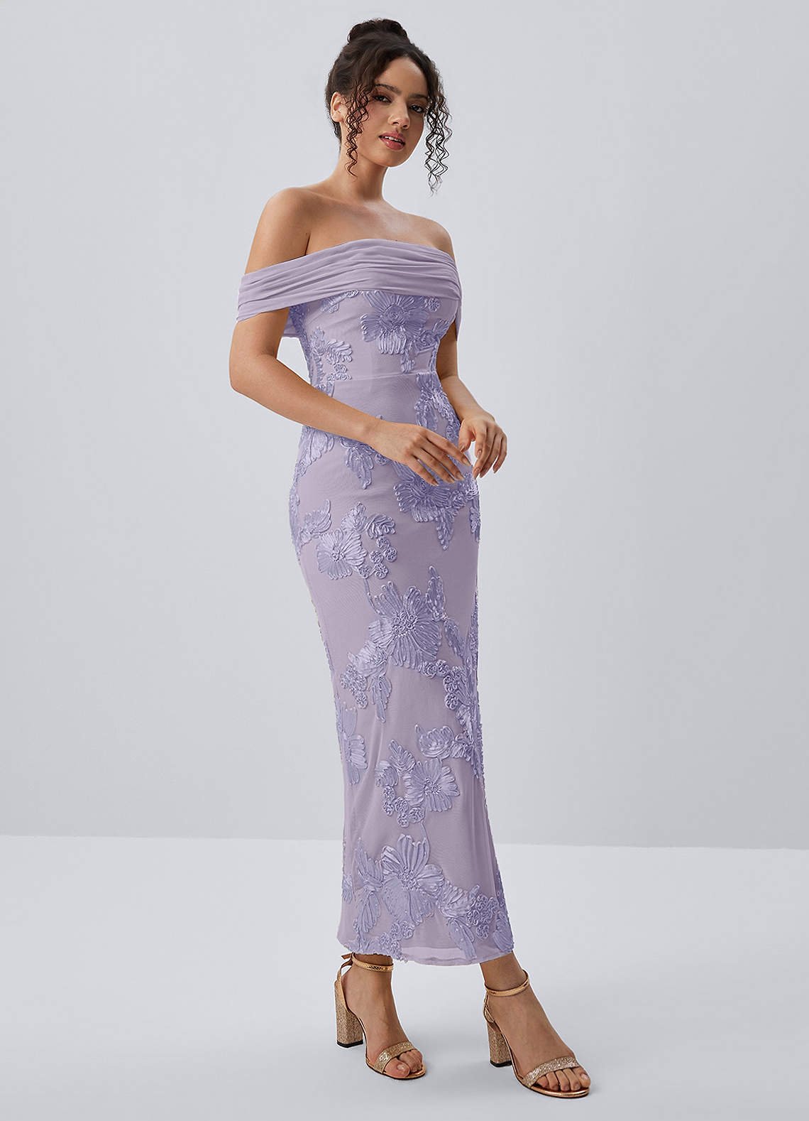 Berenice Sheath Off-the-Shoulder 3D Floral Lace Prom Dress in Pale Purple
