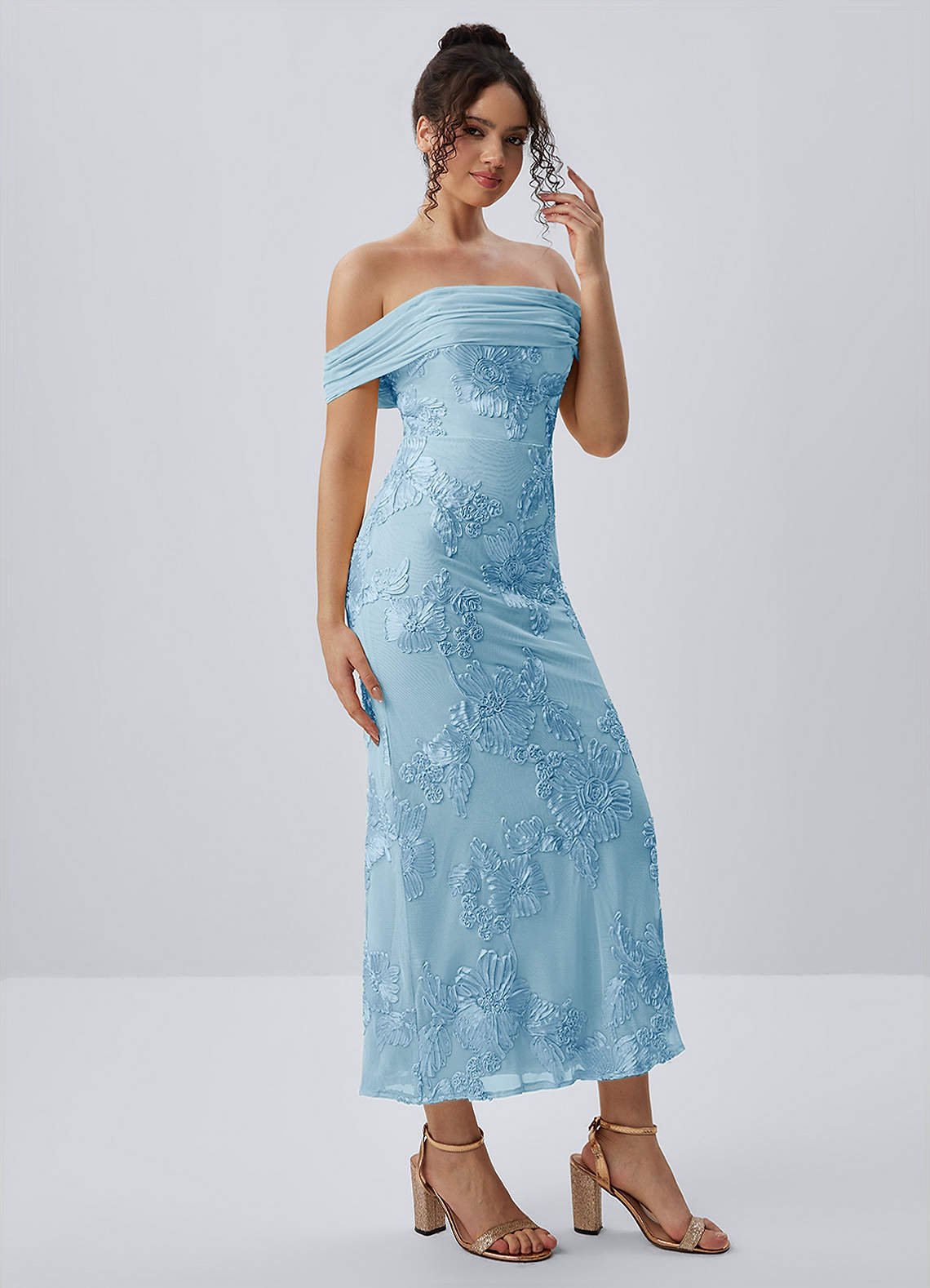 Berenice Sheath Off-the-Shoulder 3D Floral Lace Prom Dress in Sky Blue