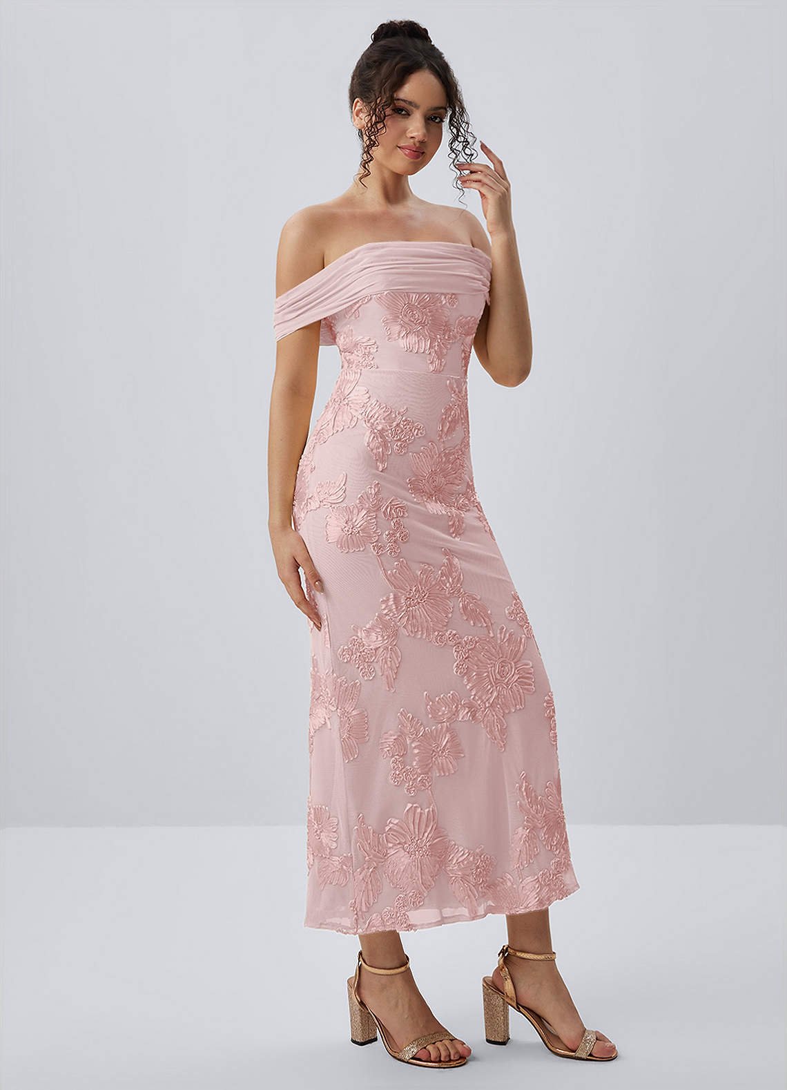 Berenice Sheath Off-the-Shoulder 3D Floral Lace Prom Dress in Pink