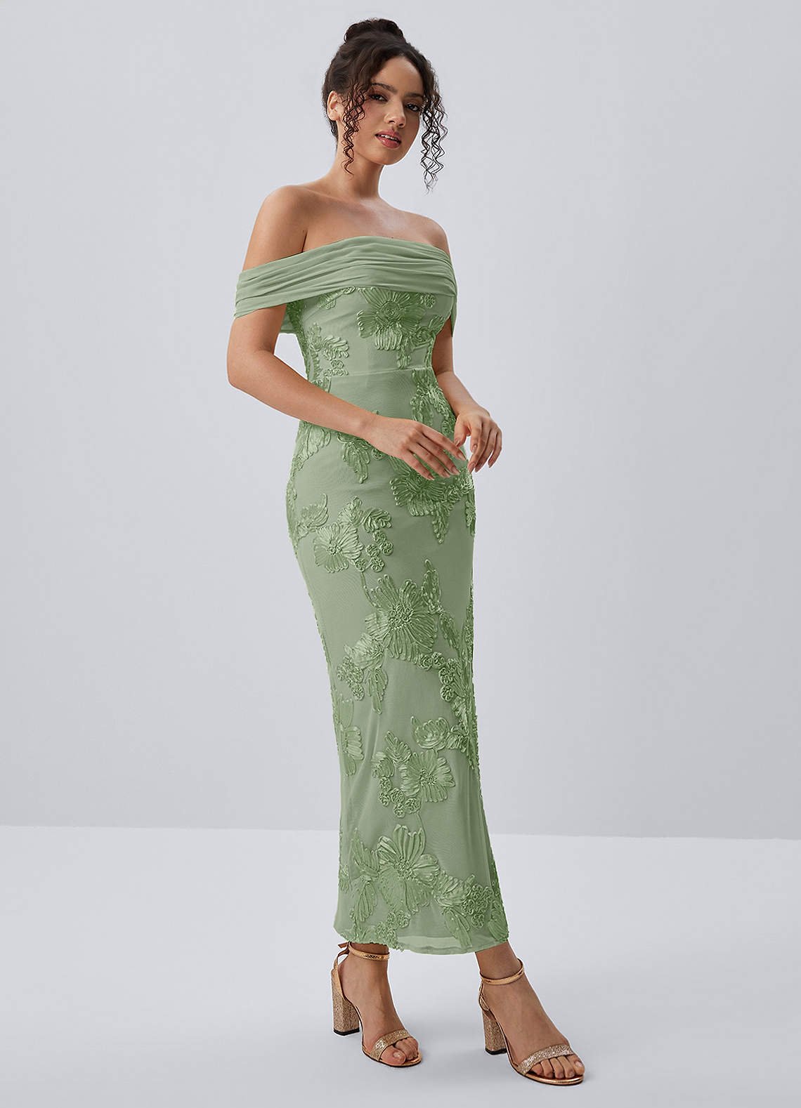 Berenice Sheath Off-the-Shoulder 3D Floral Lace Prom Dress in Sage