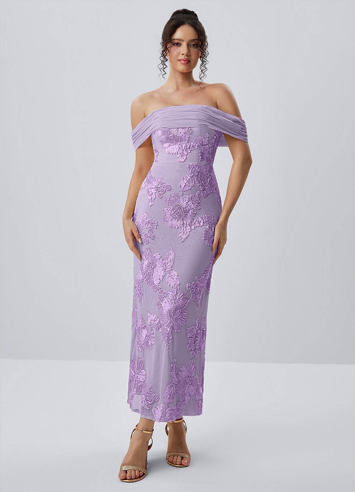 Berenice Sheath Off-the-Shoulder 3D Floral Lace Prom Dress in Wisteria