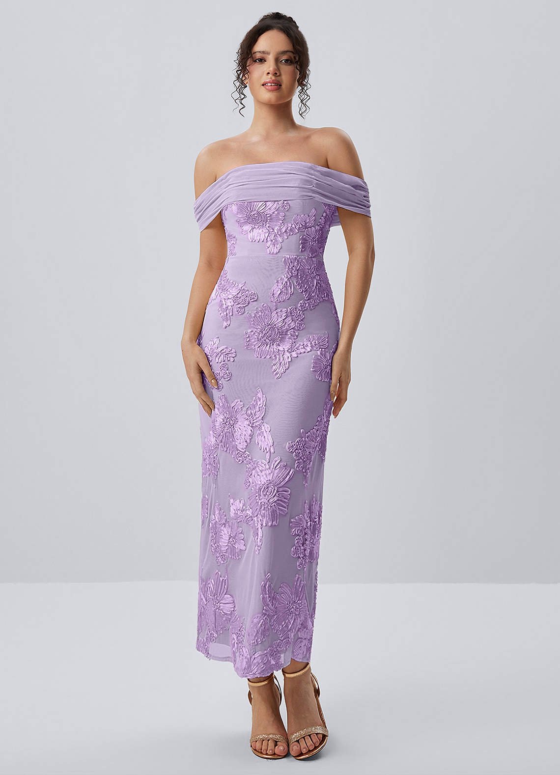 Berenice Sheath Off-the-Shoulder 3D Floral Lace Prom Dress in Pale Purple