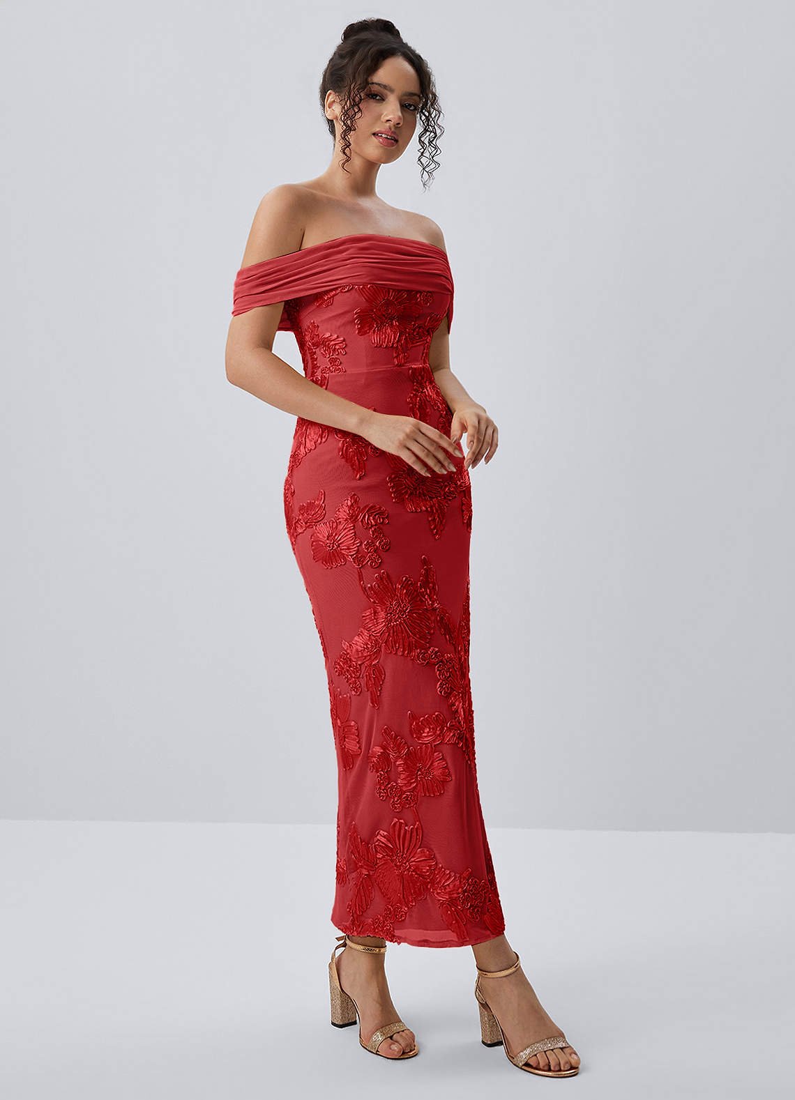 Berenice Sheath Off-the-Shoulder 3D Floral Lace Prom Dress in Red