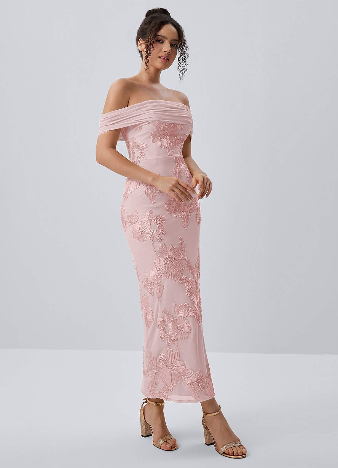 Berenice Sheath Off-the-Shoulder 3D Floral Lace Prom Dress in Pink
