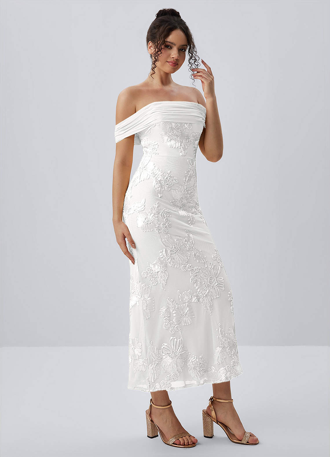 Berenice Sheath Off-the-Shoulder 3D Floral Lace Prom Dress in white