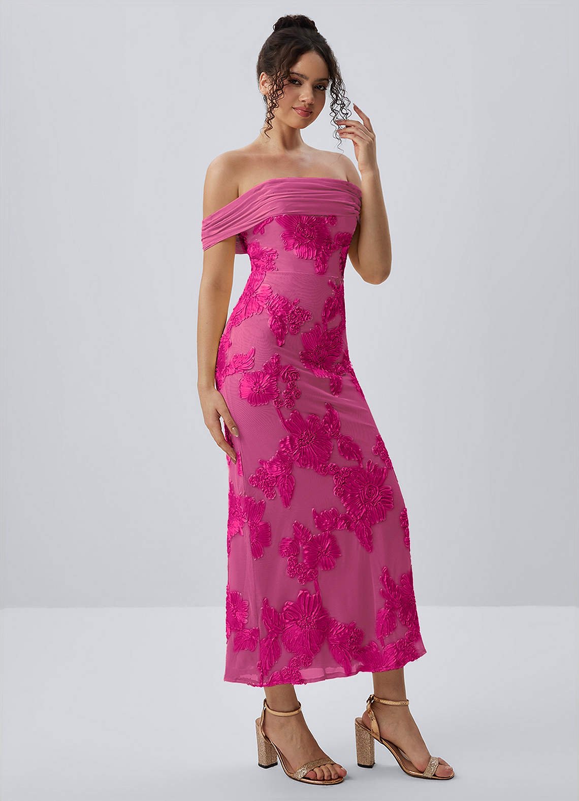 Berenice Sheath Off-the-Shoulder 3D Floral Lace Prom Dress in Fuchsia