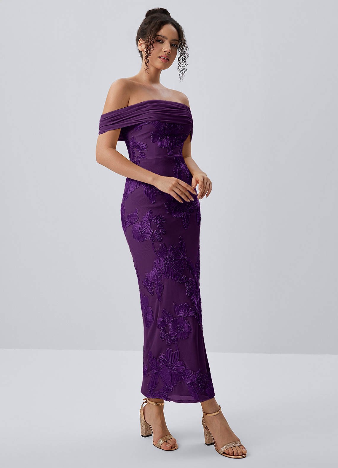 Berenice Sheath Off-the-Shoulder 3D Floral Lace Prom Dress in Plum