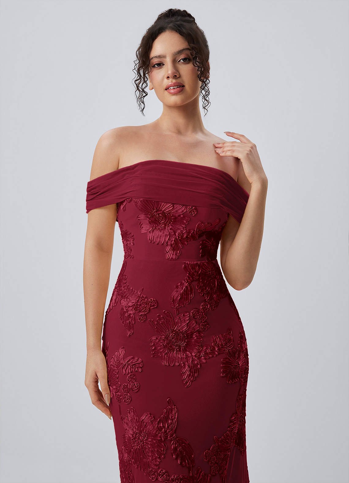 Berenice Sheath Off-the-Shoulder 3D Floral Lace Prom Dress in Burgundy