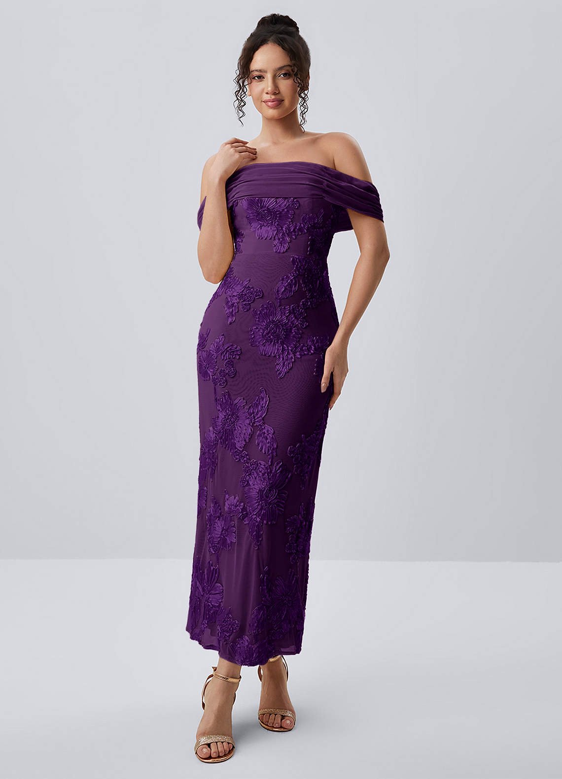 Berenice Sheath Off-the-Shoulder 3D Floral Lace Prom Dress in Plum