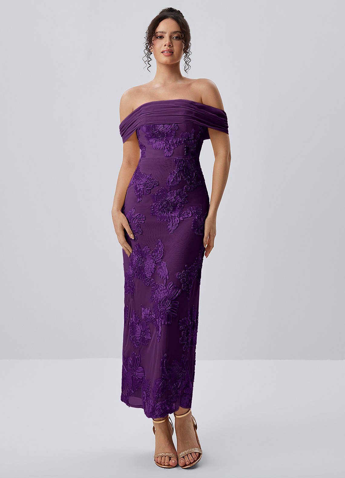 Berenice Sheath Off-the-Shoulder 3D Floral Lace Prom Dress in Pale Purple