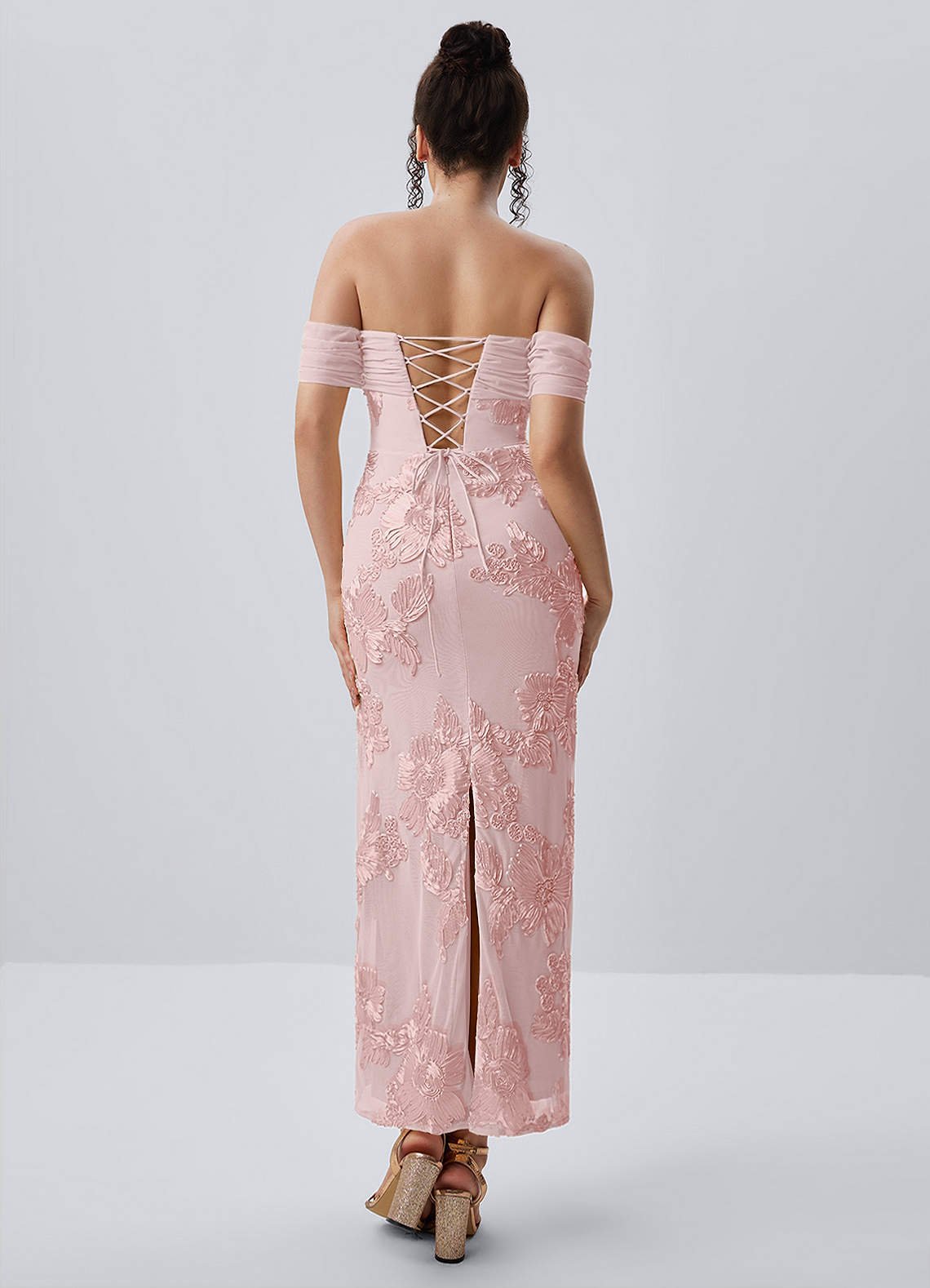 Berenice Sheath Off-the-Shoulder 3D Floral Lace Prom Dress in Pink