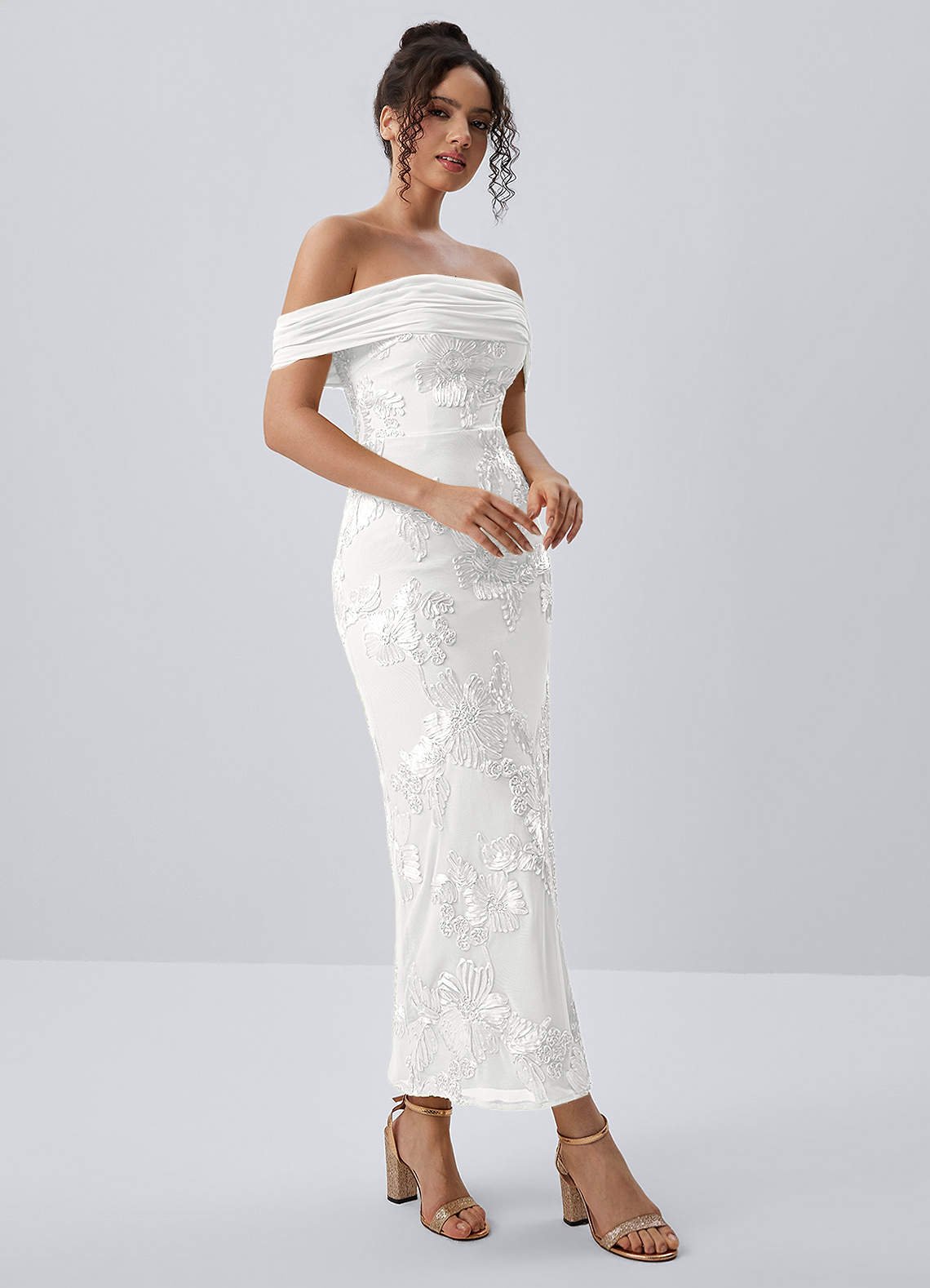 Berenice Sheath Off-the-Shoulder 3D Floral Lace Prom Dress in white