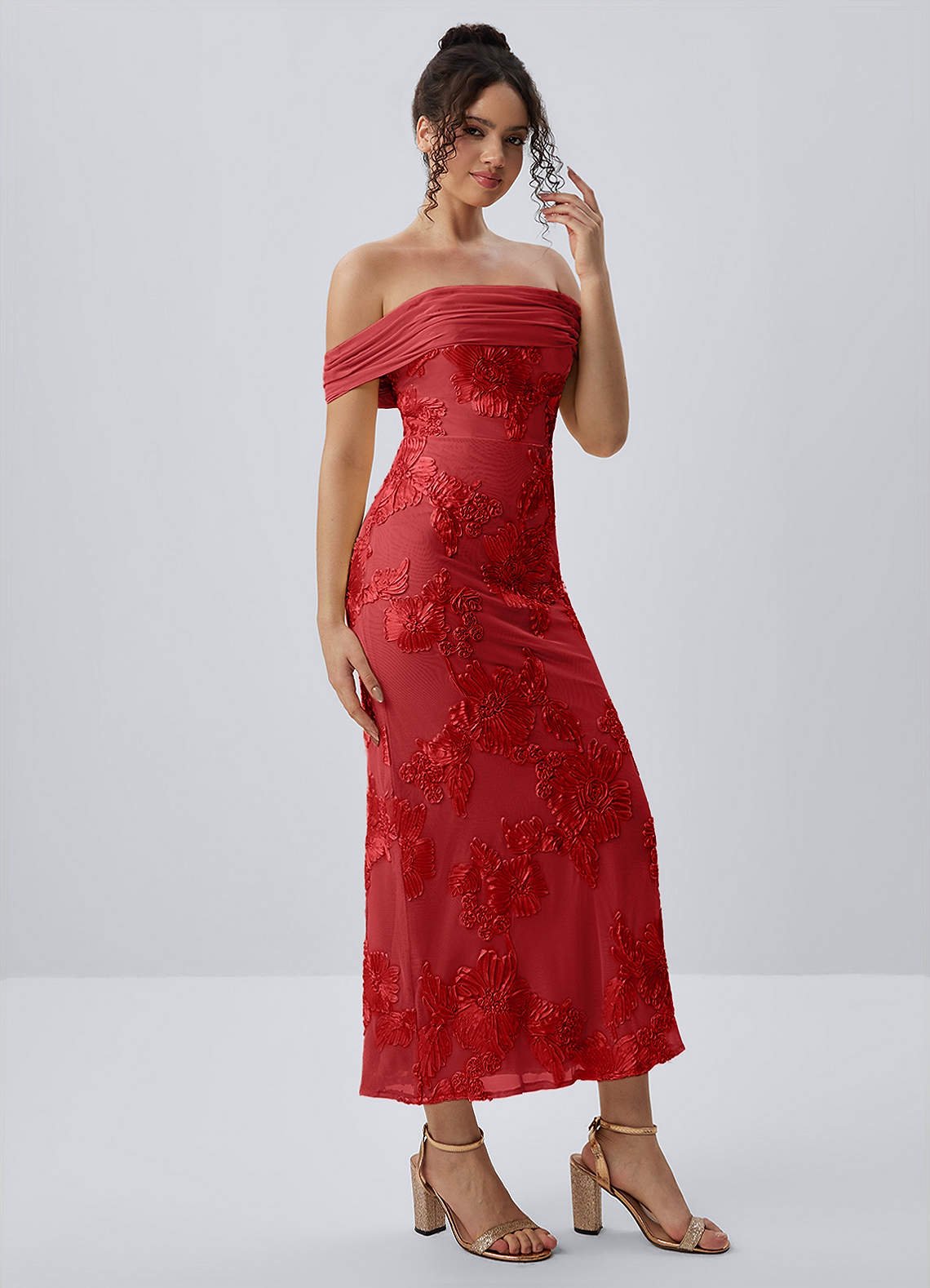 Berenice Sheath Off-the-Shoulder 3D Floral Lace Prom Dress in Red