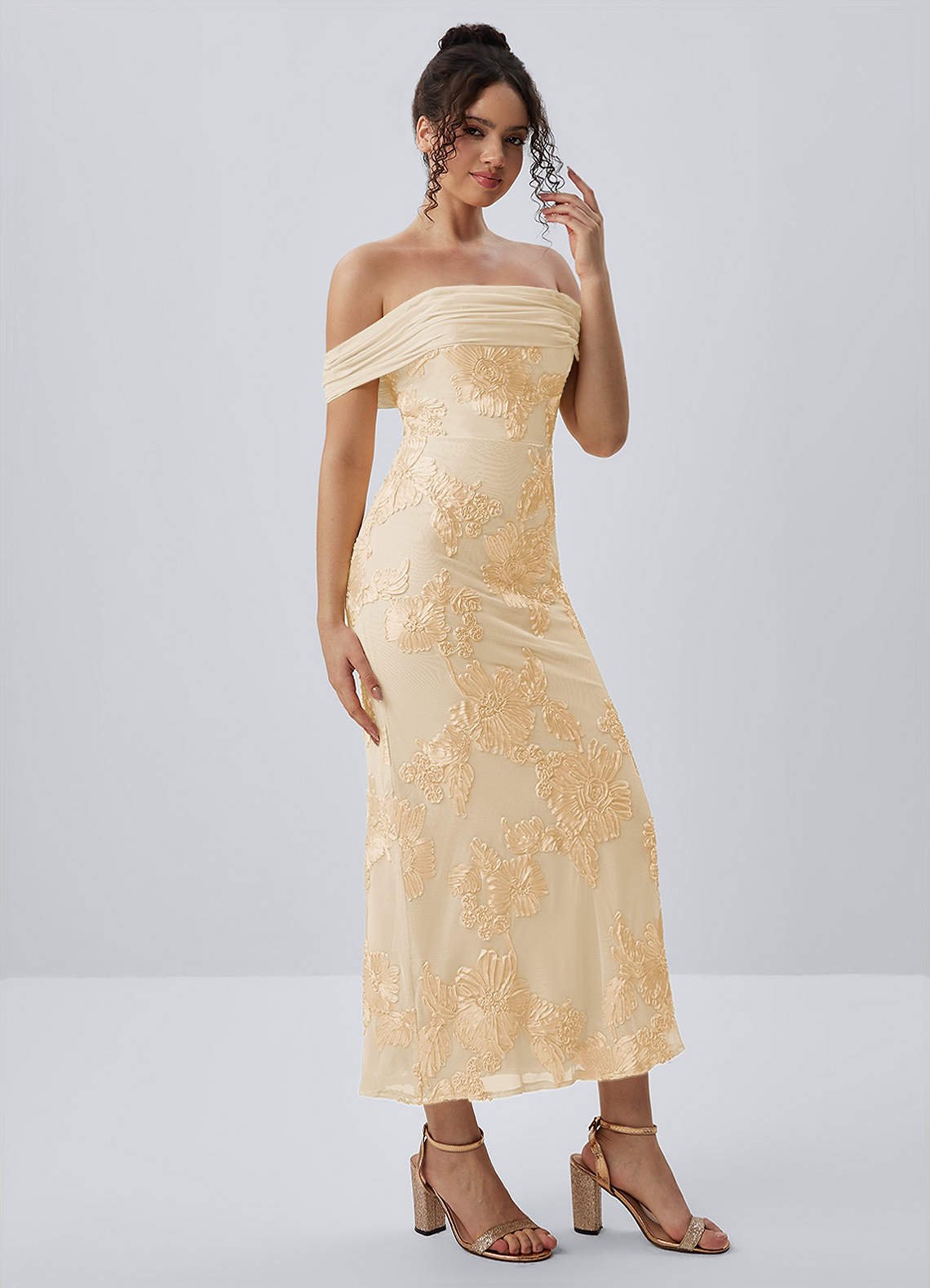 Berenice Sheath Off-the-Shoulder 3D Floral Lace Prom Dress in Yellow