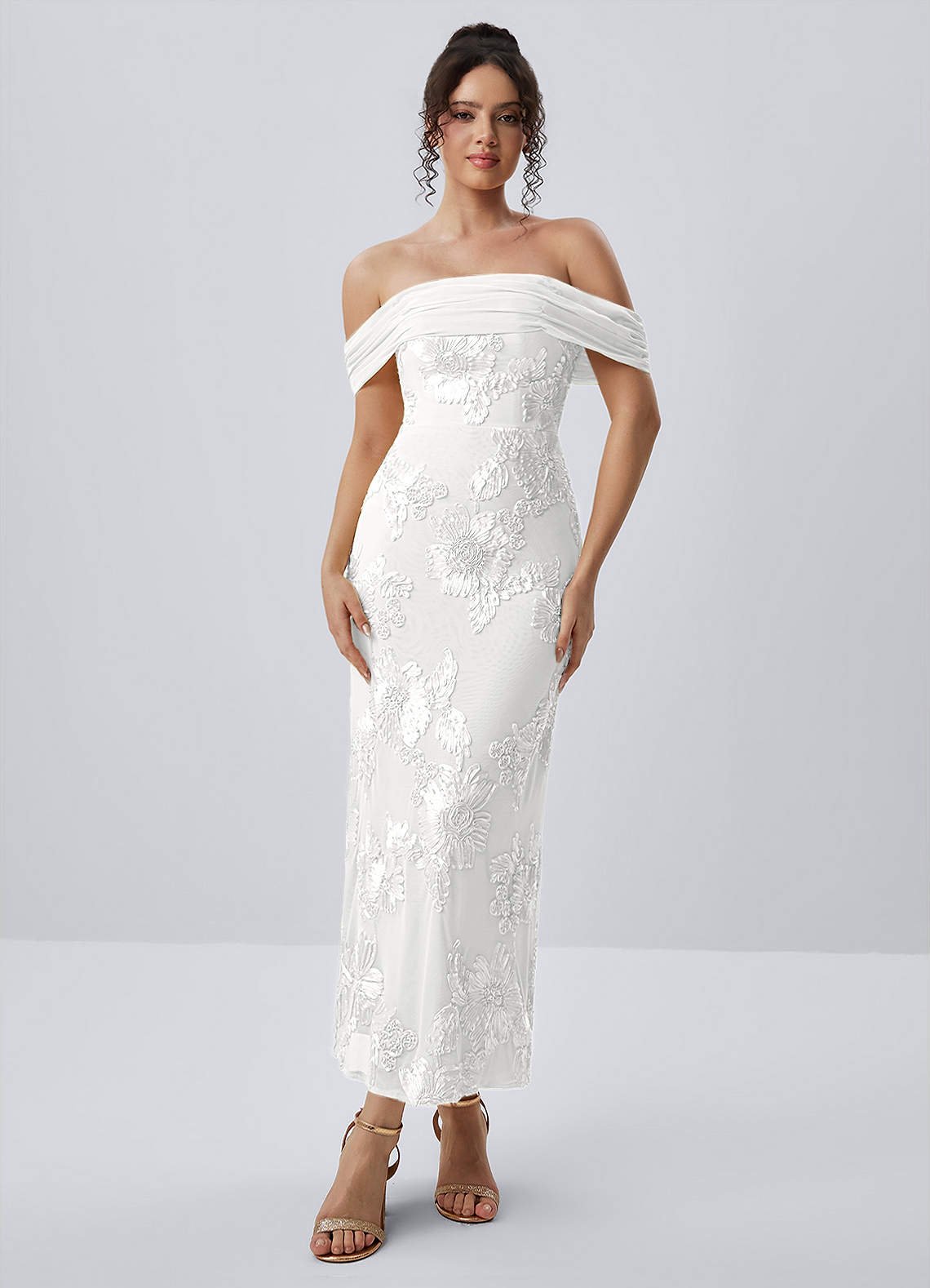 Berenice Sheath Off-the-Shoulder 3D Floral Lace Prom Dress in white