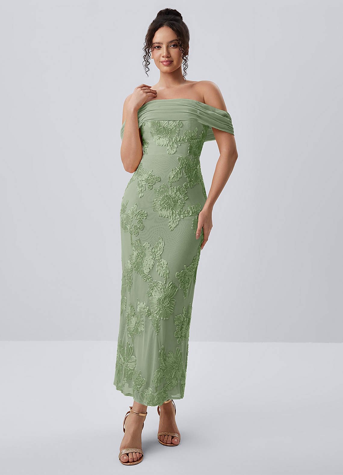 Berenice Sheath Off-the-Shoulder 3D Floral Lace Prom Dress in Sage
