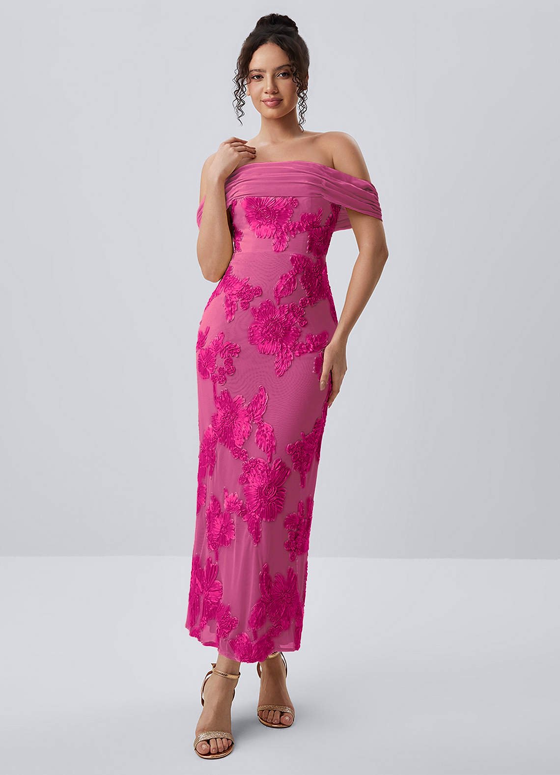 Berenice Sheath Off-the-Shoulder 3D Floral Lace Prom Dress in Fuchsia