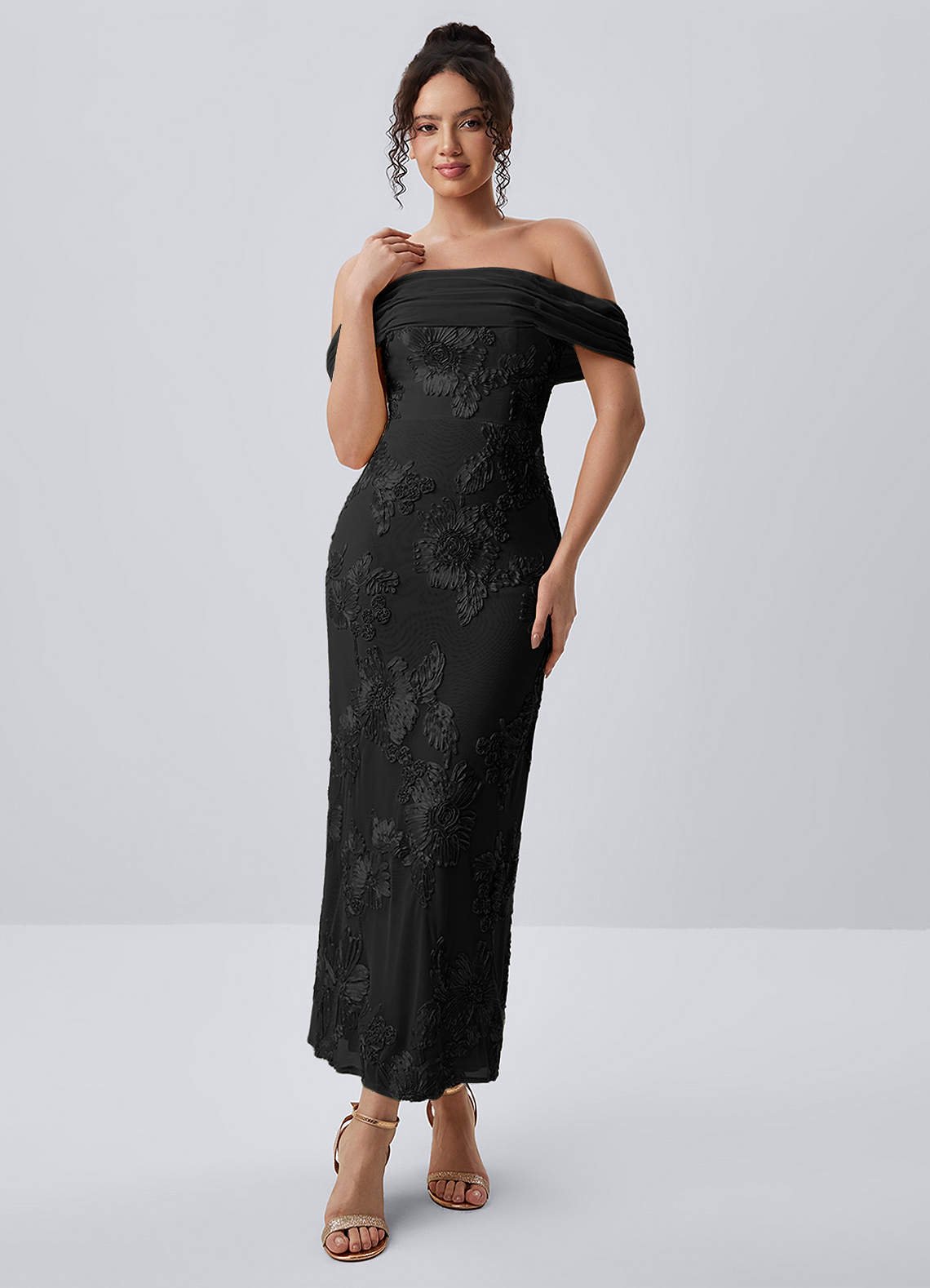 Berenice Sheath Off-the-Shoulder 3D Floral Lace Prom Dress in black