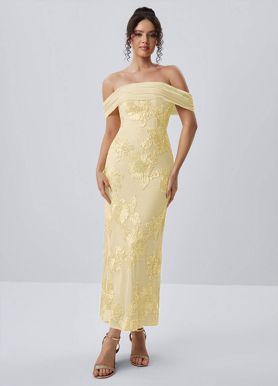 Berenice Sheath Off-the-Shoulder 3D Floral Lace Prom Dress in Lemon Sorbet