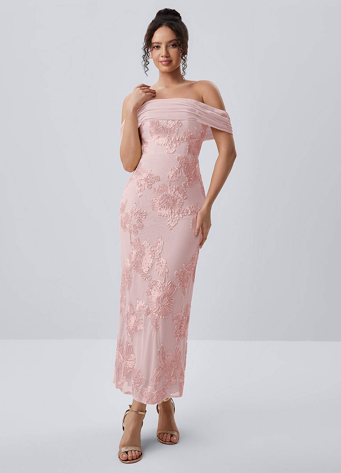 Berenice Sheath Off-the-Shoulder 3D Floral Lace Prom Dress in Pink