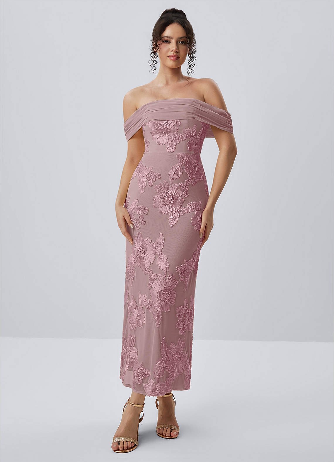 Berenice Sheath Off-the-Shoulder 3D Floral Lace Prom Dress in Dusty Lilac